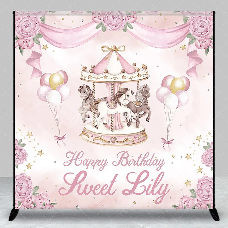 Aperturee - Aperturee Personalized Pink and Gold Carousel Custom Backdrop with Whimsical Horses and Peonies for Birthday Party Decor