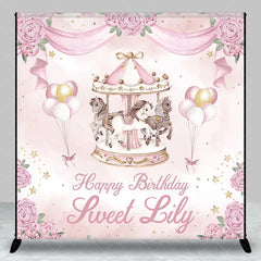 Aperturee - Aperturee Personalized Pink and Gold Carousel Custom Backdrop with Whimsical Horses and Peonies for Birthday Party Decor