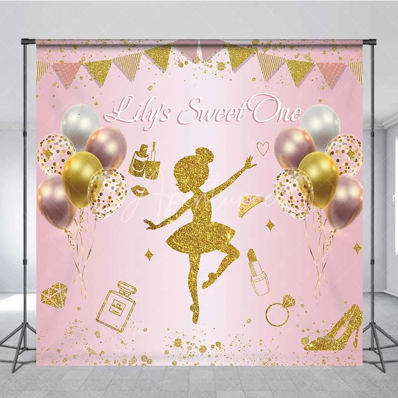 Aperturee - Aperturee Personalized Pink Ballerina Custom Birthday Backdrop Gold Glitter Balloons Girls Party Photography Background