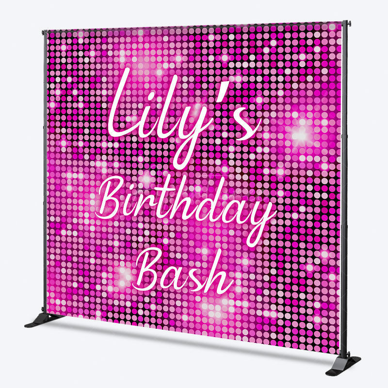 Aperturee - Aperturee Personalized Pink Disco Birthday Backdrop Glitter Sequin Wall Effect Photo Banner Custom Name Bachelorette Party Decor