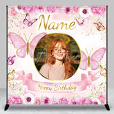 Aperturee - Aperturee Personalized Pink Floral Butterfly Custom Backdrop with Golden Glitter Photo Frame for Happy Birthday Party.