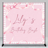 Aperturee - Aperturee Personalized Pink Gingham Birthday Bash Custom Backdrop featuring Elegant Watercolor Ribbons and Bow for Girls Party