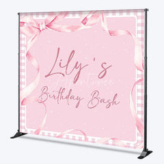 Aperturee - Aperturee Personalized Pink Gingham Birthday Bash Custom Backdrop featuring Elegant Watercolor Ribbons and Bow for Girls Party