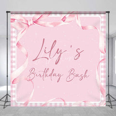 Aperturee - Aperturee Personalized Pink Gingham Birthday Bash Custom Backdrop featuring Elegant Watercolor Ribbons and Bow for Girls Party