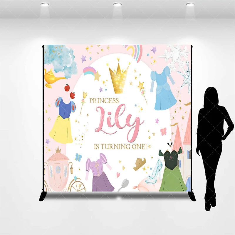 Aperturee - Aperturee Personalized Princess 1st Birthday Round Backdrop Fairytale Castle Custom Name