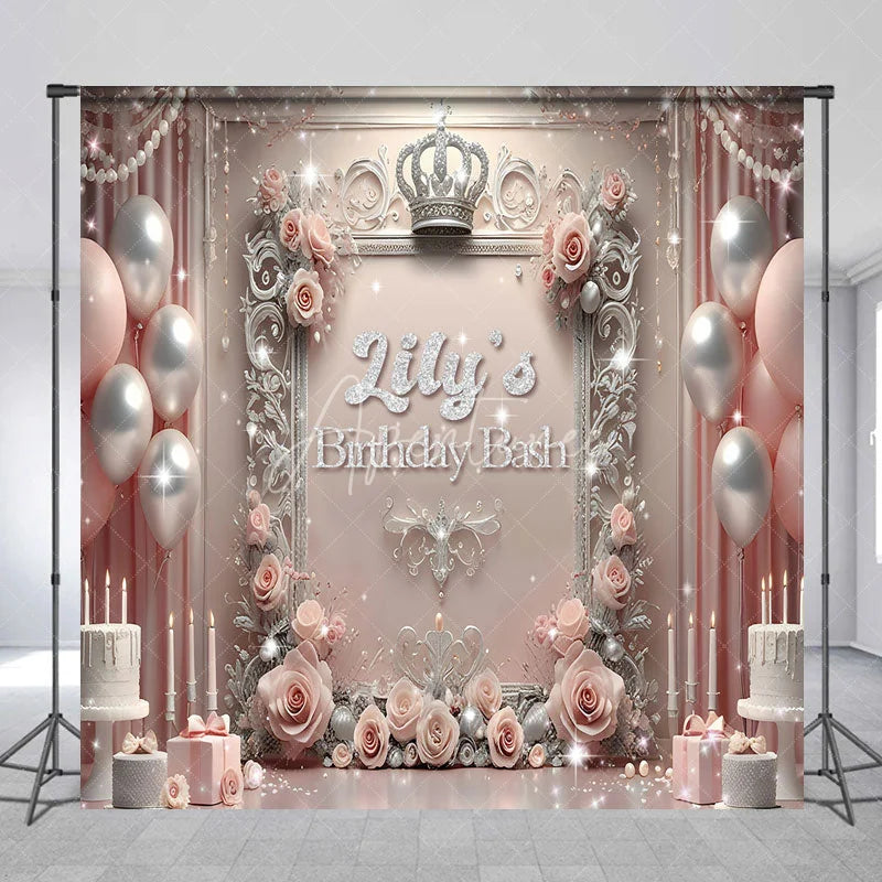 Aperturee - Aperturee Personalized Princess Birthday Bash Backdrop Royal Pink and Silver with Crown Elegant Queen Themed Party Decor