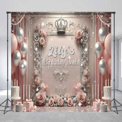 Aperturee - Aperturee Personalized Princess Birthday Bash Backdrop Royal Pink and Silver with Crown Elegant Queen Themed Party Decor