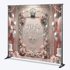 Aperturee - Aperturee Personalized Princess Birthday Bash Backdrop Royal Pink and Silver with Crown Elegant Queen Themed Party Decor