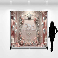 Aperturee - Aperturee Personalized Princess Birthday Bash Backdrop Royal Pink and Silver with Crown Elegant Queen Themed Party Decor