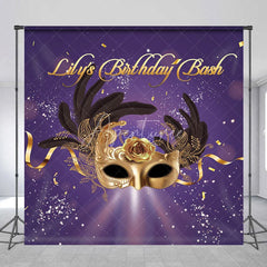 Aperturee - Aperturee Personalized Purple and Gold Masquerade Mask Custom Backdrop for Birthday Bash Party Featuring Feathers and Rose
