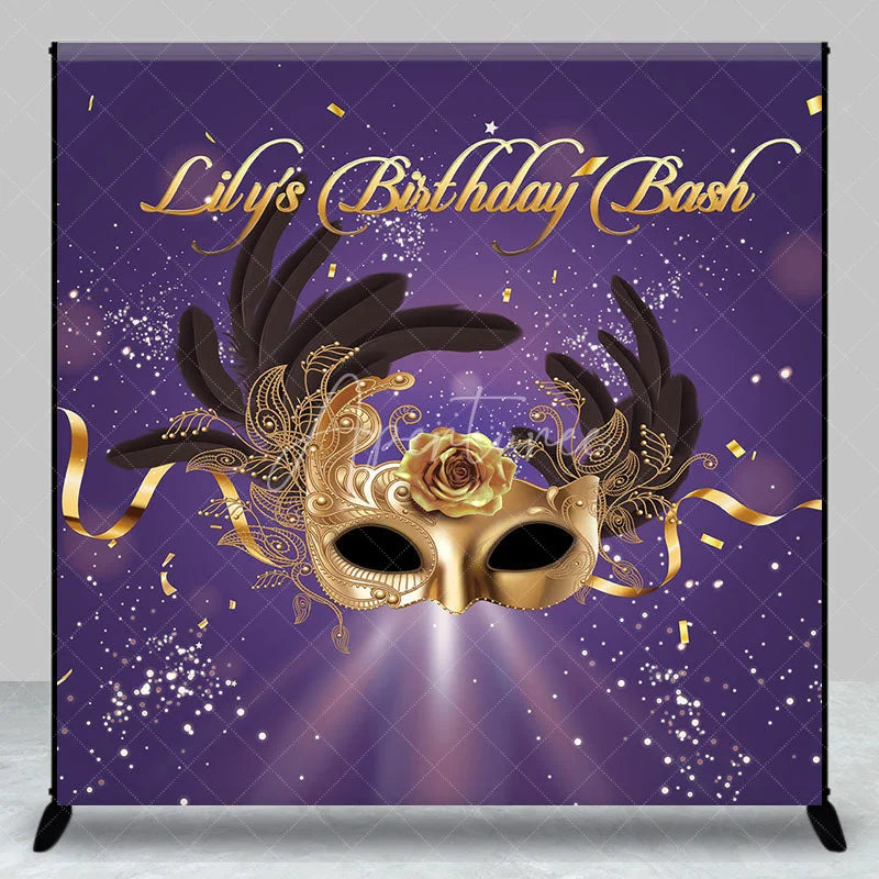 Aperturee - Aperturee Personalized Purple and Gold Masquerade Mask Custom Backdrop for Birthday Bash Party Featuring Feathers and Rose