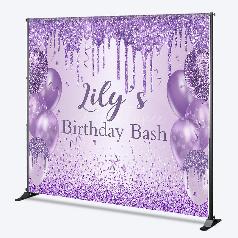 Aperturee - Aperturee Personalized Purple Glitter Birthday Backdrop Glam Drip and Balloons Party Decor Custom Name Birthday Bash Banner