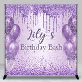 Aperturee - Aperturee Personalized Purple Glitter Birthday Backdrop Glam Drip and Balloons Party Decor Custom Name Birthday Bash Banner