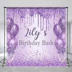 Aperturee - Aperturee Personalized Purple Glitter Birthday Backdrop Glam Drip and Balloons Party Decor Custom Name Birthday Bash Banner