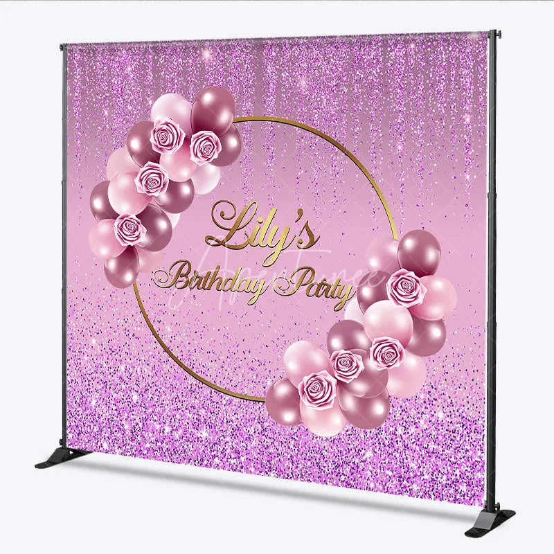 Aperturee - Aperturee Personalized Purple Glitter Birthday Backdrop Pink Roses and Balloons Background Custom Name Party Banner