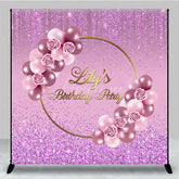 Aperturee - Aperturee Personalized Purple Glitter Birthday Backdrop Pink Roses and Balloons Background Custom Name Party Banner