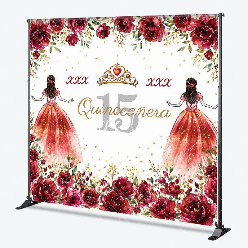 Aperturee - Aperturee Personalized Quinceañera 15th Birthday Custom Backdrop with Red Roses and Gold Glitter Princess Girl Party Decor