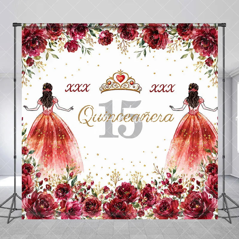 Aperturee - Aperturee Personalized Quinceañera 15th Birthday Custom Backdrop with Red Roses and Gold Glitter Princess Girl Party Decor