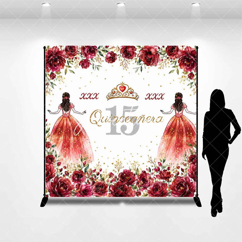 Aperturee - Aperturee Personalized Quinceañera 15th Birthday Custom Backdrop with Red Roses and Gold Glitter Princess Girl Party Decor