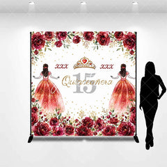 Aperturee - Aperturee Personalized Quinceañera 15th Birthday Custom Backdrop with Red Roses and Gold Glitter Princess Girl Party Decor