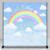 Aperturee - Aperturee Personalized Rainbow Birthday Backdrop Watercolor Clouds in a Blue Sky Custom Name Pastel Party Photo Booth