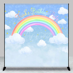 Aperturee - Aperturee Personalized Rainbow Birthday Backdrop Watercolor Clouds in a Blue Sky Custom Name Pastel Party Photo Booth
