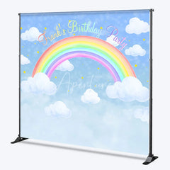 Aperturee - Aperturee Personalized Rainbow Birthday Backdrop Watercolor Clouds in a Blue Sky Custom Name Pastel Party Photo Booth
