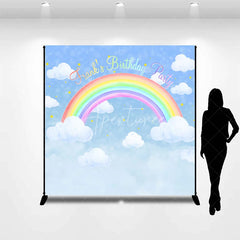 Aperturee - Aperturee Personalized Rainbow Birthday Backdrop Watercolor Clouds in a Blue Sky Custom Name Pastel Party Photo Booth