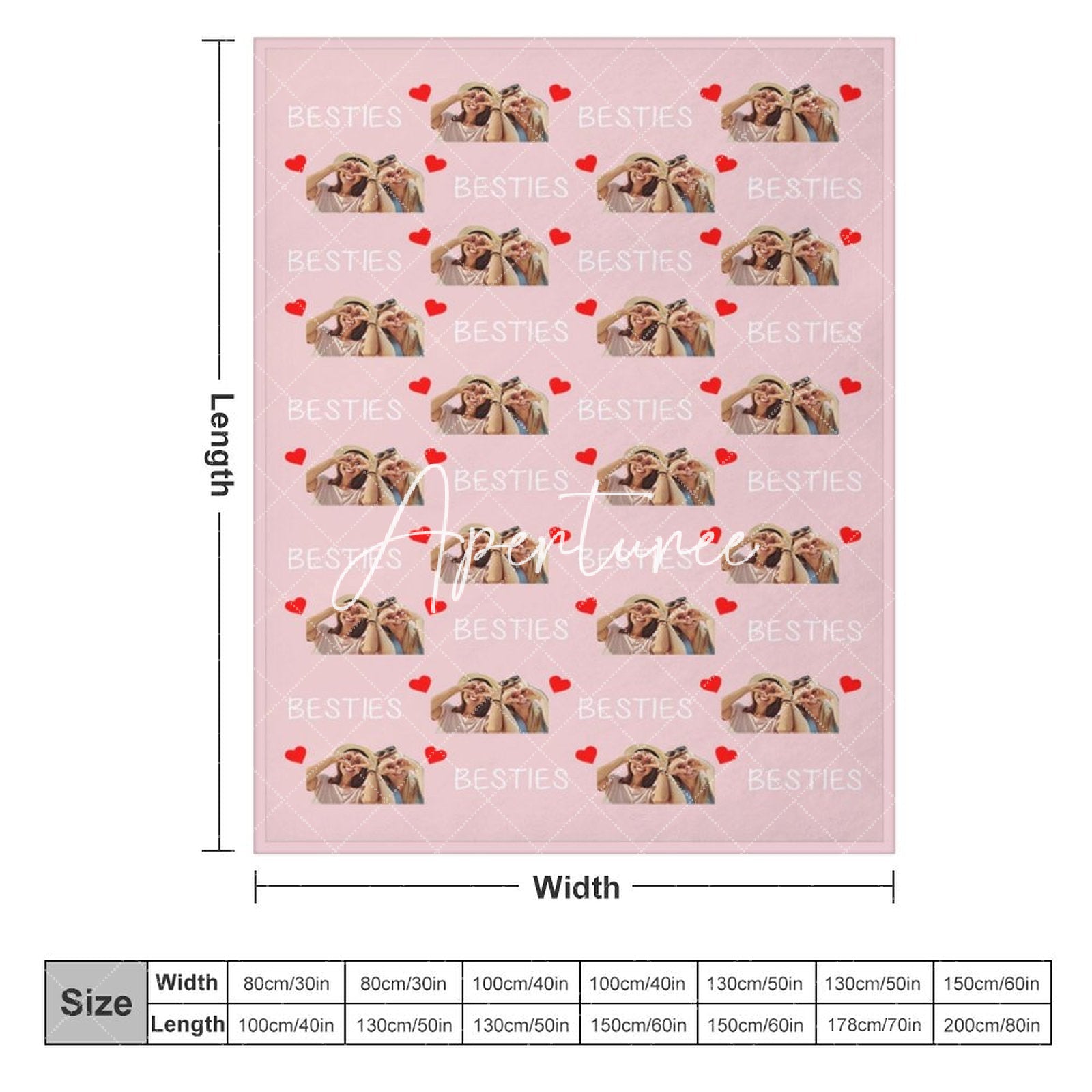 Aperturee - Aperturee Personalized Red Heart Pink Bestie Photos Blanket