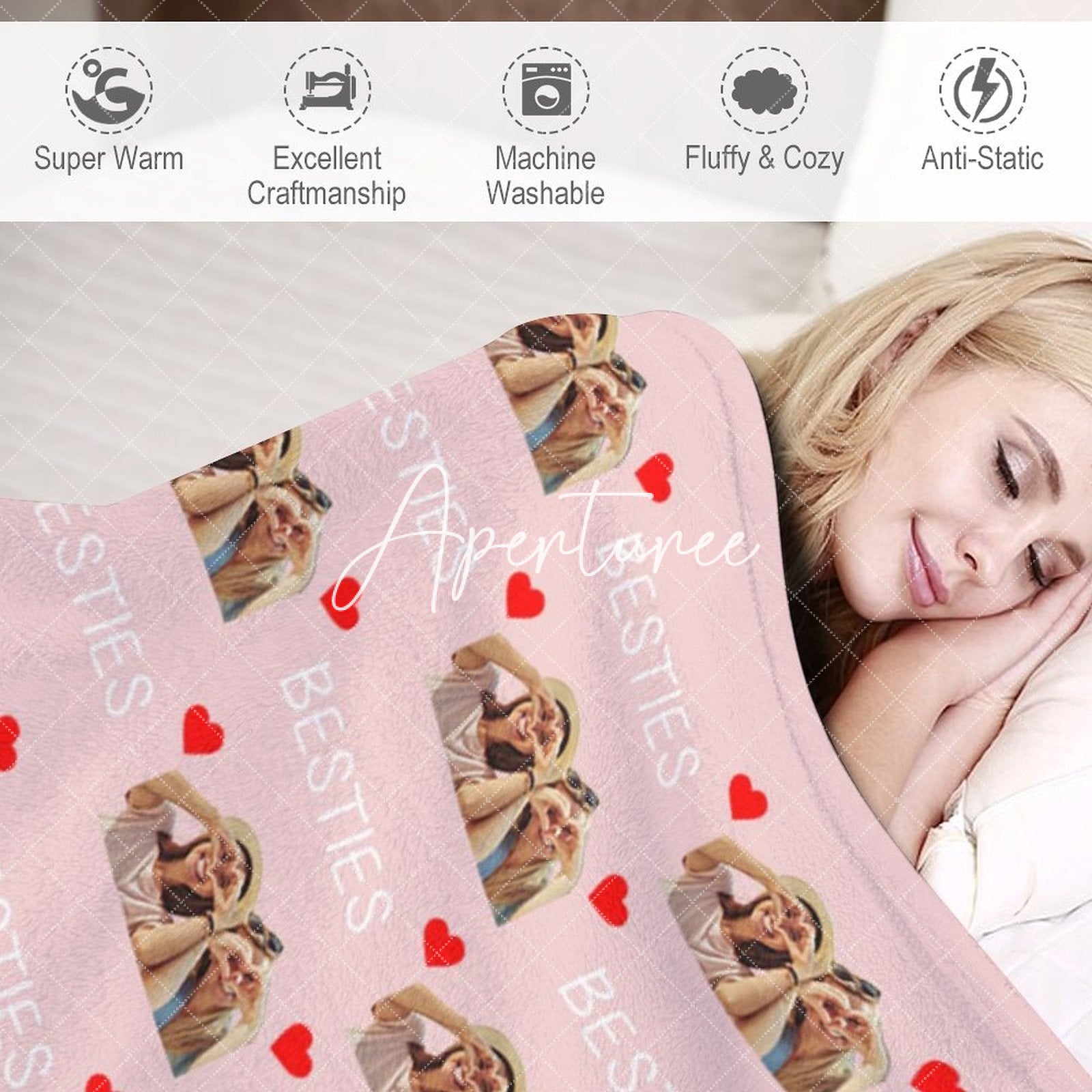 Aperturee - Aperturee Personalized Red Heart Pink Bestie Photos Blanket