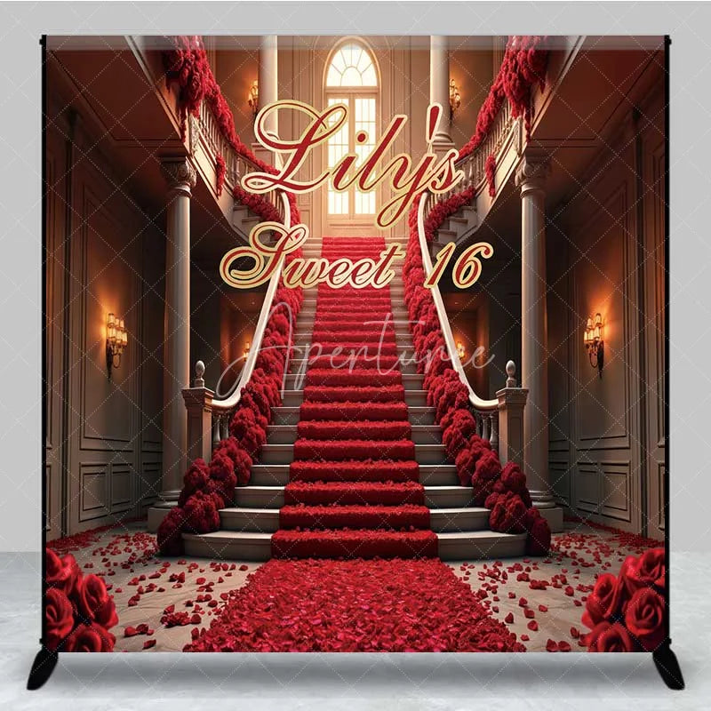 Aperturee - Aperturee Personalized Red Rose Staircase Custom Birthday Backdrop Elegant Mansion Sweet 16 Party Photography Background