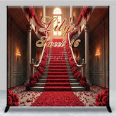 Aperturee - Aperturee Personalized Red Rose Staircase Custom Birthday Backdrop Elegant Mansion Sweet 16 Party Photography Background