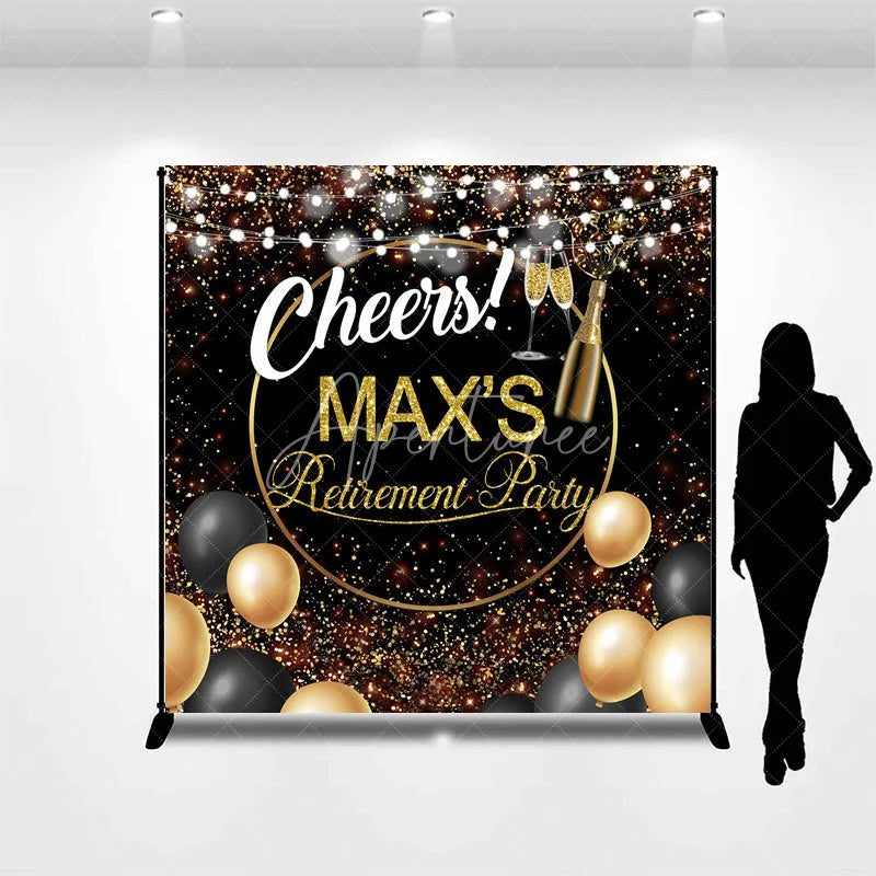 Aperturee - Aperturee Personalized Retirement Party Backdrop Gold and Black Cheers to Retirement Background with Champagne and Balloons