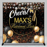 Aperturee - Aperturee Personalized Retirement Party Backdrop Gold and Black Cheers to Retirement Background with Champagne and Balloons
