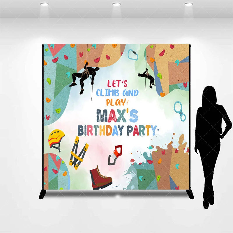Aperturee - Aperturee Personalized Rock Climbing Birthday Party Backdrop Let’s Climb and Play Custom Name Gear Background