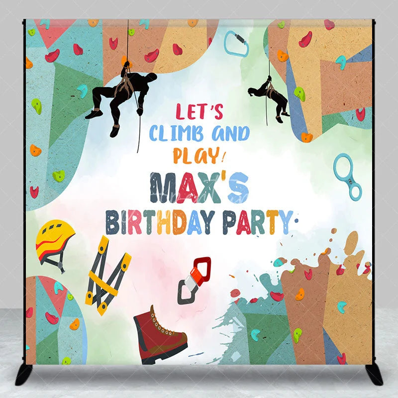 Aperturee - Aperturee Personalized Rock Climbing Birthday Party Backdrop Let’s Climb and Play Custom Name Gear Background