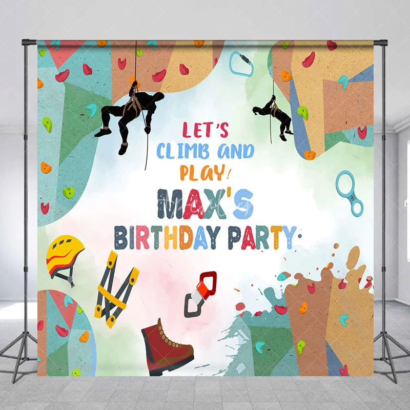 Aperturee - Aperturee Personalized Rock Climbing Birthday Party Backdrop Let’s Climb and Play Custom Name Gear Background