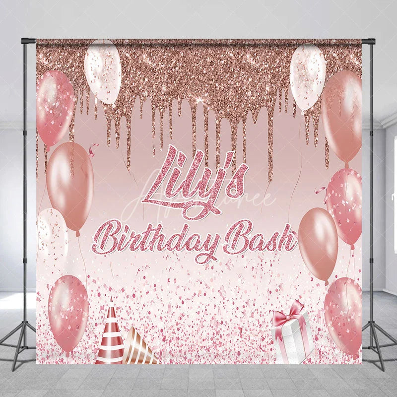 Aperturee - Aperturee Personalized Rose Gold Glitter Birthday Bash Custom Backdrop Pink Balloons and Elegant Party Decor