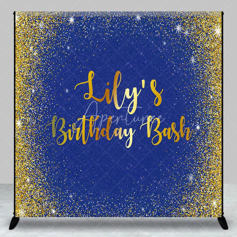 Aperturee - Aperturee Personalized Royal Blue and Gold Glitter Birthday Custom Backdrop Sparkling Party Celebration Decor