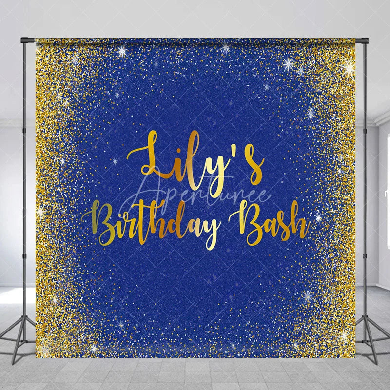 Aperturee - Aperturee Personalized Royal Blue and Gold Glitter Birthday Custom Backdrop Sparkling Party Celebration Decor