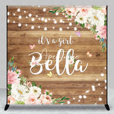 Aperturee - Aperturee Personalized Rustic Wooden It’s A Girl Pink Floral Custom Backdrop with Butterflies String Lights Baby Shower Decor