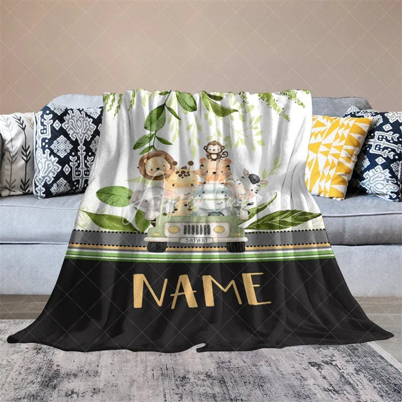 Aperturee - Aperturee Personalized Safari Animals Blanket with Custom Name Cute Jungle Animals in a Jeep Nursery Decor Gift for Boys