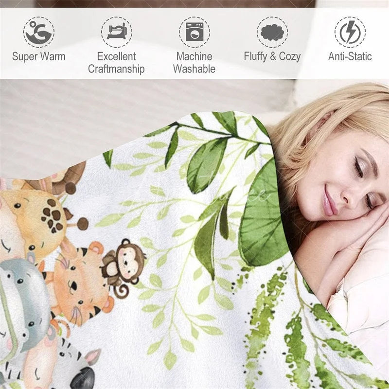 Aperturee - Aperturee Personalized Safari Animals Blanket with Custom Name Cute Jungle Animals in a Jeep Nursery Decor Gift for Boys