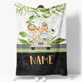 Aperturee - Aperturee Personalized Safari Animals Blanket with Custom Name Cute Jungle Animals in a Jeep Nursery Decor Gift for Boys