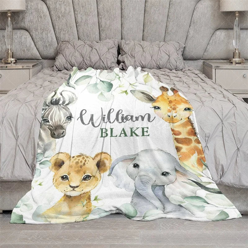 Aperturee - Aperturee Personalized Safari Animals Blanket with Custom Name Cute Jungle Lion Elephant Giraffe Zebra Nursery Decor