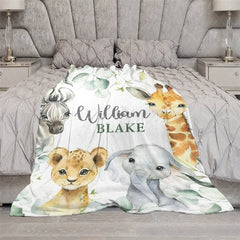 Aperturee - Aperturee Personalized Safari Animals Blanket with Custom Name Cute Jungle Lion Elephant Giraffe Zebra Nursery Decor