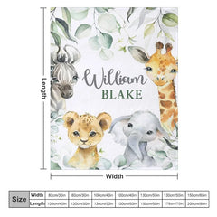 Aperturee - Aperturee Personalized Safari Animals Blanket with Custom Name Cute Jungle Lion Elephant Giraffe Zebra Nursery Decor
