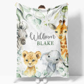 Aperturee - Aperturee Personalized Safari Animals Blanket with Custom Name Cute Jungle Lion Elephant Giraffe Zebra Nursery Decor