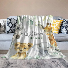 Aperturee - Aperturee Personalized Safari Animals Blanket with Custom Name Cute Jungle Lion Elephant Giraffe Zebra Nursery Decor
