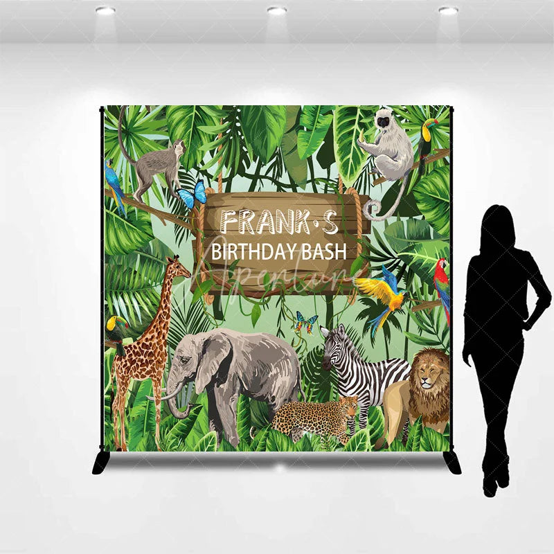 Aperturee - Aperturee Personalized Safari Birthday Bash Backdrop Wild Jungle Animals Theme Custom Name Tropical Party Decor for Boy